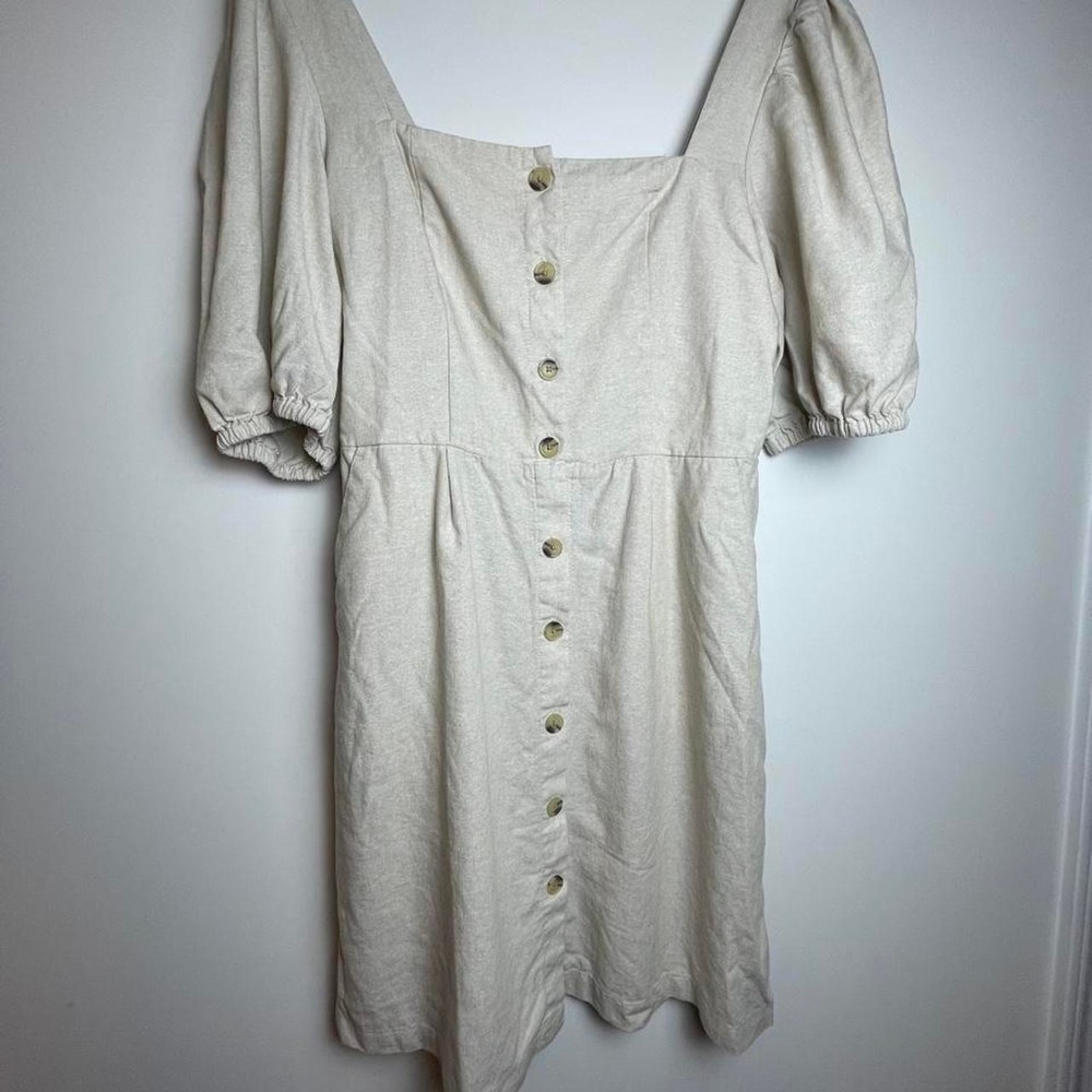 Old Navy cream linen mini dress with button-up front and puffy sleeves